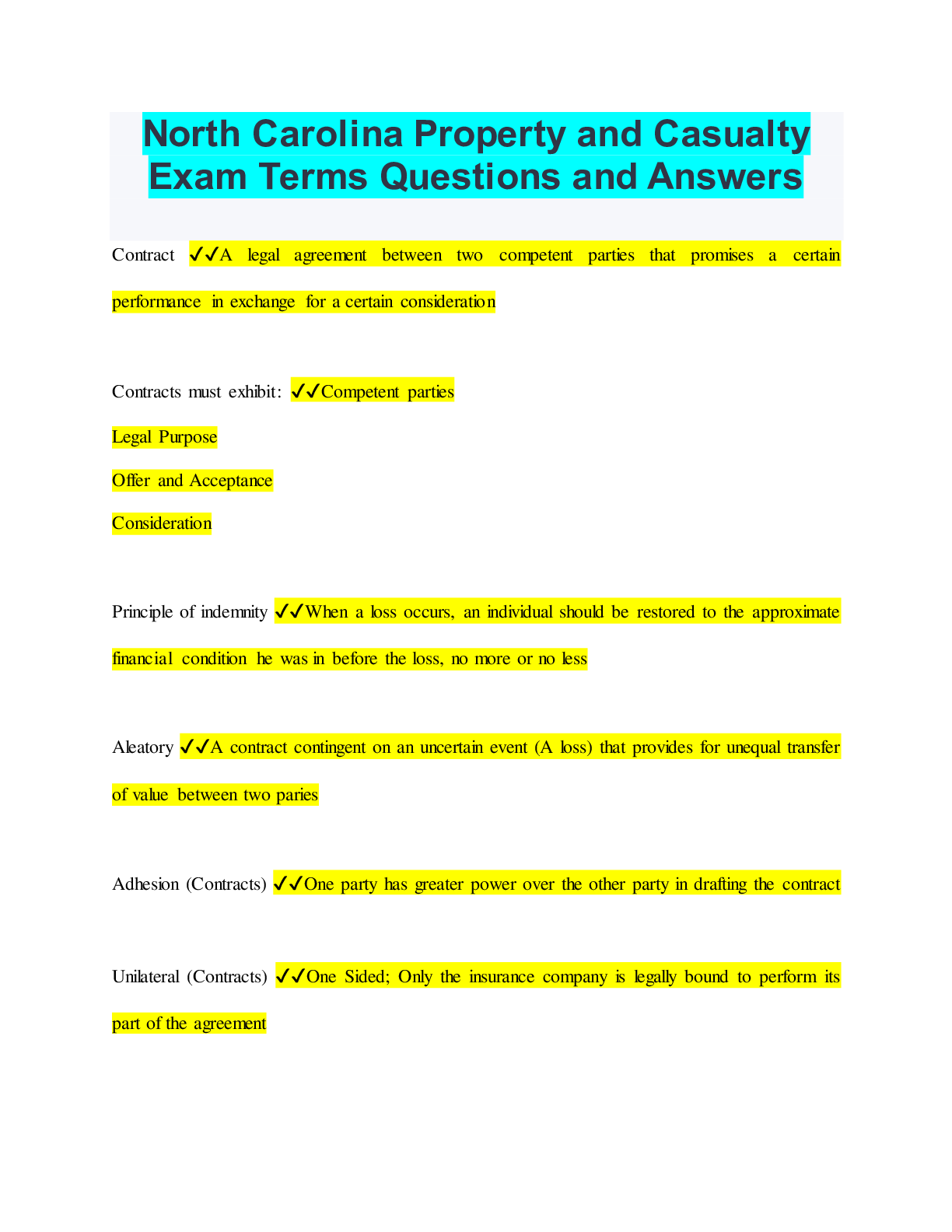 North Carolina Property and Casualty Exam Terms Questions and Answers